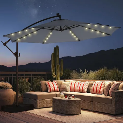 Miniatura 12 de HOMSHADE - Sombrilla de patio de 10 pies con luces solares, voladiza, con luz y base, sombrilla colgante para exteriores con protección UV UPF50+