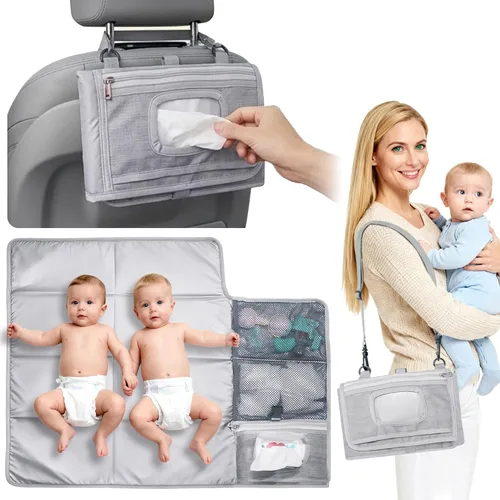 Cambiador de pañales portátil grande – Cambiador de pañales plegable impermeable para bebé con bolsillos de almacenamiento y bolsa de toallitas,