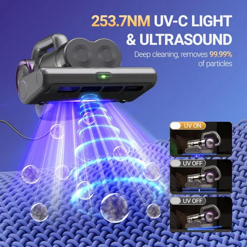 Miniatura 3 de FEPPO Aspiradora de colchón, aspiradora de cama de 16 Kpa con luz UV-C de 253.7 nm, calor de 140 °F, filtro HEPA y ultrasónica, aspiradora de mano