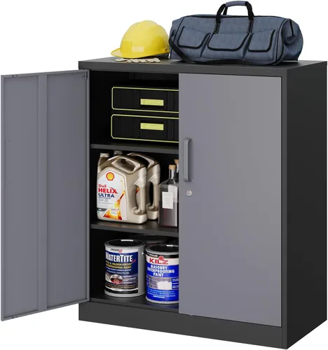 Miniatura 21 de MIIIKO Armario de almacenamiento de garaje negro con puertas y 5 estantes, almacenamiento de herramientas de acero de 71 pulgadas de alto, gabinete