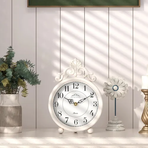 Miniatura 4 de Reloj de mesa blanco vintage, reloj de mesa y repisa, estilo rústico francés, estilo antiguo, para granja, dormitorio, sala de estar, mesita