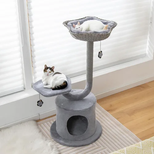 Miniatura 3 de Tangkula Árbol para gatos de interior, torre para gatos de 42 pulgadas con marco de soporte de metal curvado, postes rascadores de sisal, percha