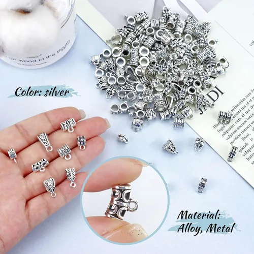 Miniatura 3 de JIALEEY 125 piezas de cuentas de tubo de fianza de plata tibetana antigua mezclada, cuentas de fianza, cuentas espaciadoras, colgador de cuentas