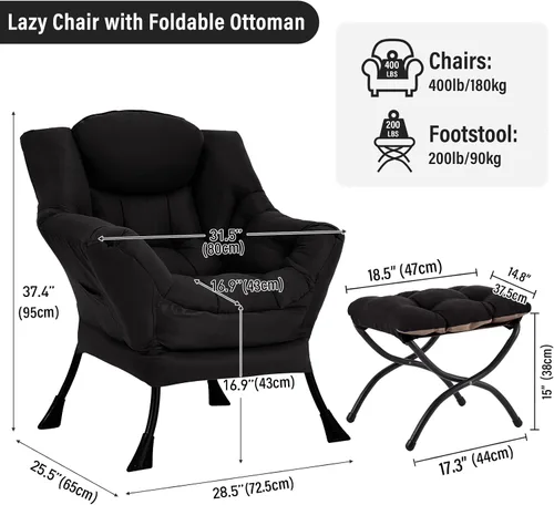 Miniatura 2 de Furlide Silla Perezosa Moderna con Reposapiés Plegable, Sillón de Descanso y Cómoda Silla de Lectura (Negro)