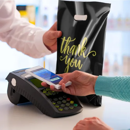 Miniatura 6 de Eersida 200 bolsas de plástico de agradecimiento con asas, bolsas de plástico troqueladas, bolsas de mercancía de compras a granel, 3 tamaños, Negro