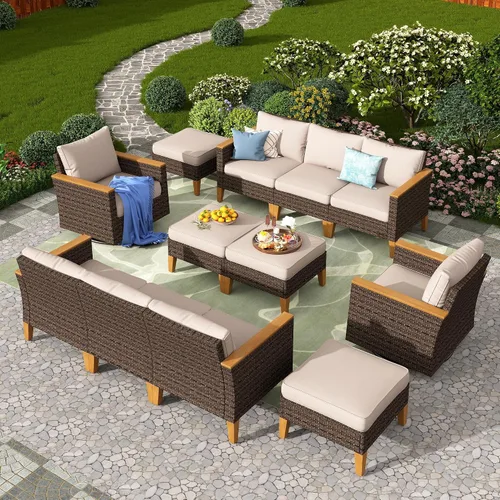 Miniatura 45 de PHI VILLA Otomana de mimbre para patio, 2 piezas, asiento otomano de mimbre para todo tipo de clima, reposapiés para exteriores con cojines