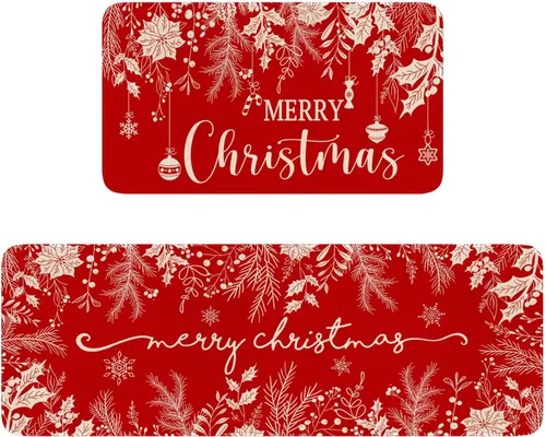 Miniatura 8 de Juego de 2 alfombras de cocina de Navidad, alfombra de cocina roja con diseño de camión y árbol de Navidad para el suelo, alfombra antideslizante