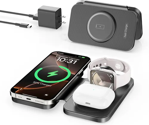Estación de carga rápida inalámbrica inalámbrica portátil 2026, cargador magnético 3 en 1 para iPhone 17 16 15 14 13 12 Pro Max Plus, Apple Watch