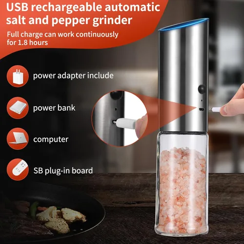 Miniatura 2 de Juego de molinillo eléctrico de sal y pimienta, salero y pimienta recargable por USB, molino de vidrio automático con grosor ajustable, luz LED