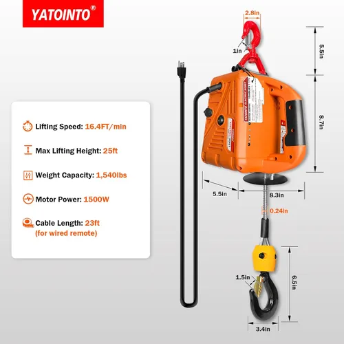 Miniatura 4 de YATOINTO Cabrestante de polipasto eléctrico 3 en 1, cabrestante de energía eléctrica portátil de 1500 W, grúa de elevación eléctrica de 120 V