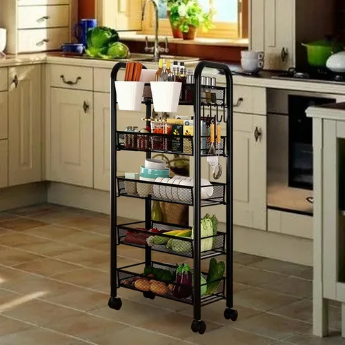 Miniatura 8 de Cesta de almacenamiento de frutas y verduras, carrito de almacenamiento de 5 niveles, organizador de verduras de malla metálica apilable con ruedas
