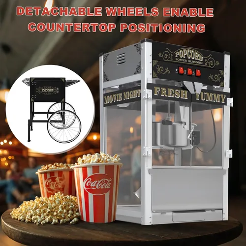 Miniatura 4 de Máquina comercial de palomitas de maíz con carrito y ruedas, máquina para hacer palomitas de maíz con hervidor de acero inoxidable de 22 onzas