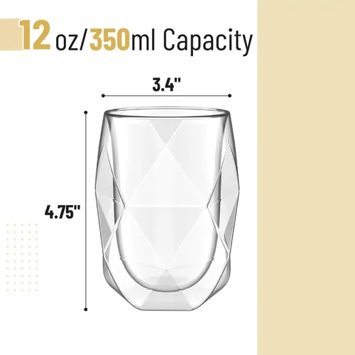 Miniatura 3 de BTAT - Vasos de doble pared, paquete de 4, 12 onzas (11.8 fl oz), vasos de vidrio aislados en forma de diamante, vasos de doble pared para té