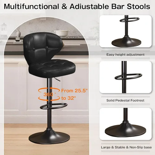 Miniatura 5 de Juego de 2 taburetes de bar, taburetes de bar giratorios ajustables con respaldo, sillas de bar de altura de mostrador con reposapiés, asiento Negro