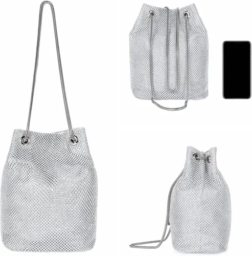 Miniatura 5 de Ayliss - Bolsa tipo cubo con diamantes de imitación para mujer, que se cruza en el cuerpo, tamaño minipequeño, brillante, de noche