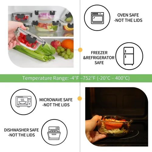 Miniatura 4 de HOMBERKING 18 recipientes de vidrio para almacenamiento de alimentos con tapas, recipientes de vidrio para preparación de comidas, cajas Bento