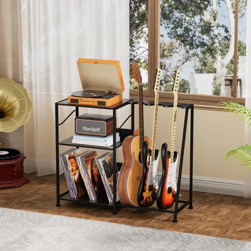 Miniatura 7 de Hosfais Soporte para tocadiscos, soporte de guitarra de 3 niveles para acústico, guitarra eléctrica, soporte para bajo, almacenamiento de discos