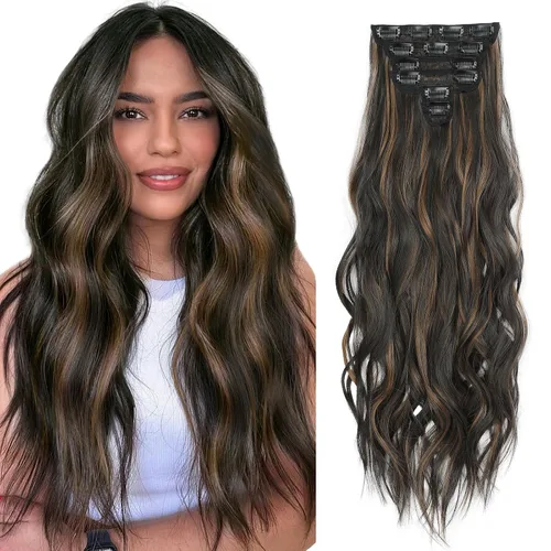Miniatura 12 de Extensiones de cabello con clip para mujer, negro natural con reflejos marrones, 20 pulgadas, 6 piezas, extensiones de cabello largo, ondulado