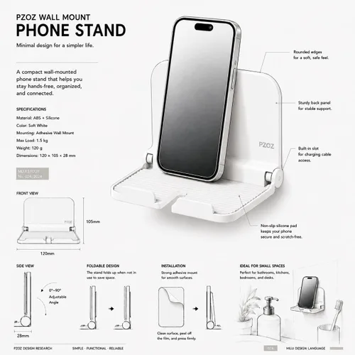 Miniatura 8 de pzoz Soporte plegable de pared para teléfono, soporte adhesivo para teléfono y tableta, soporte de pared para baño, cocina, dormitorio y oficina