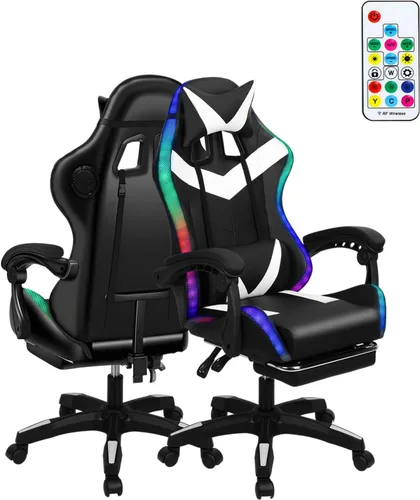 Miniatura 10 de Silla de juegos con altavoces Bluetooth y luces LED, silla ergonómica de piel sintética con reposapiés retráctil, silla giratoria de 360° con Rojo