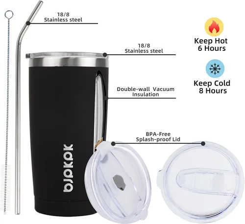 Miniatura 2 de BJPKPK Vaso térmico negro con tapa y pajita, de acero inoxidable, de 20 onzas, para café Pintura de caucho negro
