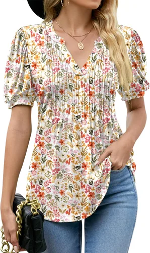 LOMON Camisas para mujer, de manga corta, plisadas, a la moda, casual, cuello en V, blusa tipo túnica fruncida