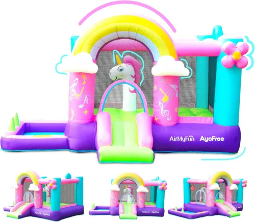 Casa inflable de unicornio con tobogán, casa inflable rosa con soplador de aire, divertido castillo animoso para niñas de 3 a 10 años, ideal para
