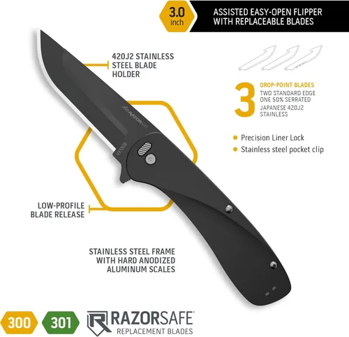 Miniatura 5 de OUTDOOR EDGE RAZOR VX1 - Cuchillo de bolsillo plegable EDC asistido con hoja reemplazable Hoja de acero inoxidable de 3 pulgadas, mango de Negro