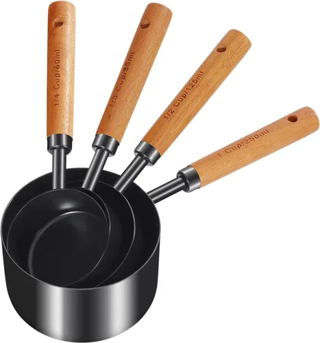 Miniatura 2 de GuDoQi Juego de 8 tazas y cucharas medidoras con mango de madera, tazas y cucharas medidoras de acero inoxidable dorado, medidas, medidas Negro