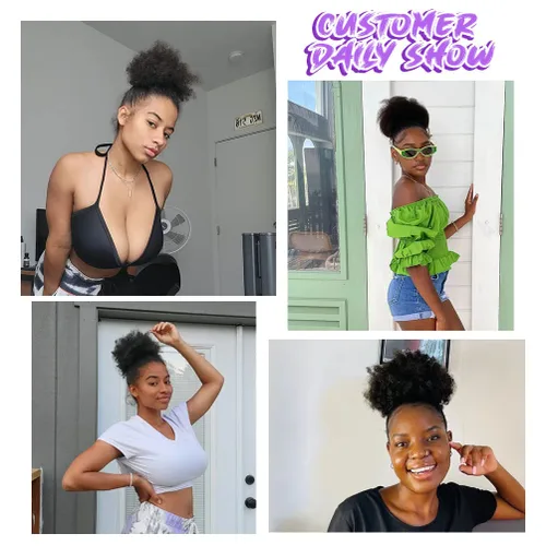 Miniatura 6 de YEAME Cola de Caballo Afro Puff con Cordón para Mujeres Negras, Cola de Caballo Afro Corta Rizada Crespa Sintética Hair Puffs, Moño Afro Negro Negro
