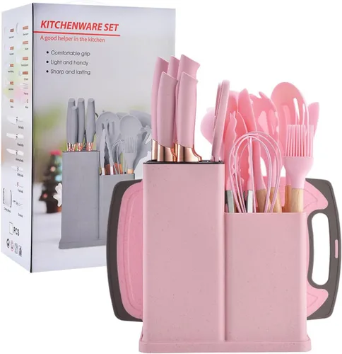 Miniatura 12 de Juego de utensilios de cocina y cuchillos de 19 piezas con bloque, 9 piezas de utensilios de cocina de silicona, 5 piezas afiladas de acero Beige
