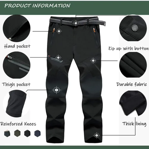 Miniatura 5 de TACVASEN pantalones de senderismo para hombre, con forro polar, reforzados en las rodillas, ligeros, para esquí y snowboard, sin cinturón