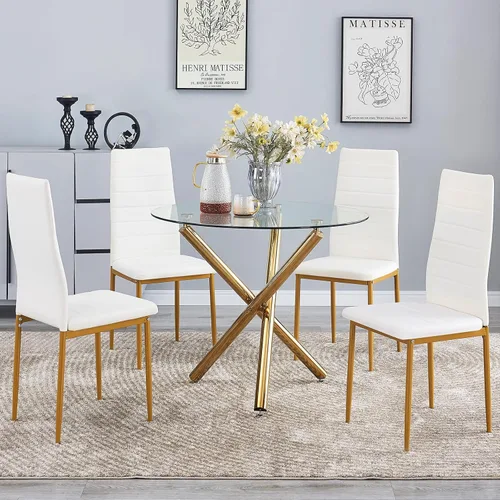 Miniatura 9 de Juego de comedor redondo de vidrio para 4 personas, mesa de comedor de vidrio compacta con sillas de piel sintética con patas doradas para espacios