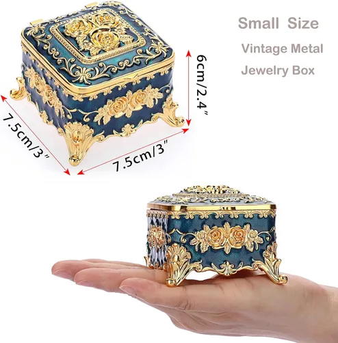 Miniatura 3 de Hipiwe Caja de Joyería de Metal Vintage - Pequeño Organizador de Baratijas Caja para Anillos con Patrón de Rosas, Caja de Almacenamiento de Joyas