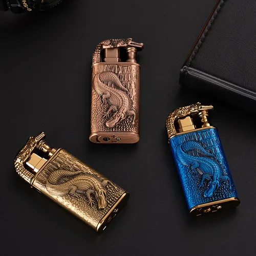 Miniatura 7 de Encendedor de antorcha, diseño de cocodrilo en relieve, encendedor mágico de doble llama con herramienta de llama de ajuste, encendedores de butano