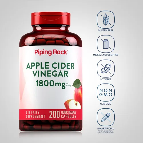 Miniatura 3 de Piping Rock Cápsulas de vinagre de sidra de manzana 1800 mg 200 píldoras Fórmula potente Suplemento ACV para hombres y mujeres Sin OMG, sin