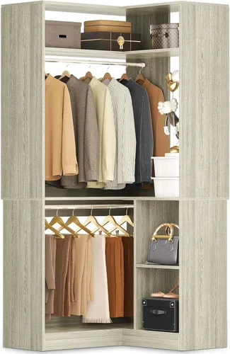 Miniatura 8 de Aheaplus - Sistema de armario de esquina con estantes, organizador de 34'' con varillas para colgar, de madera para espacios pequeños, torre Blanco
