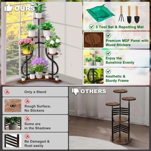 Miniatura 5 de Soporte esquinero de 6 niveles, soporte para plantas de interior con base en forma de L, estante estético de metal para múltiples plantas, maceta