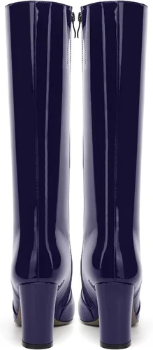Miniatura 74 de AMBELIGHT Botas altas hasta la rodilla con cremallera y puntera puntiaguda para mujer, de patente sólida, tacón alto, 3.3 pulgadas