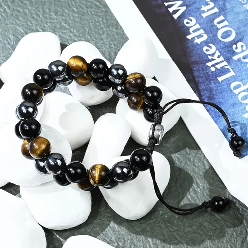 Miniatura 12 de Triple Protection Bracelet Natural Black Obsidian Tigers Eye Hematite Beads Crystal Bracelet Healing Bracelets for Men Women Bring Prosperity Luck