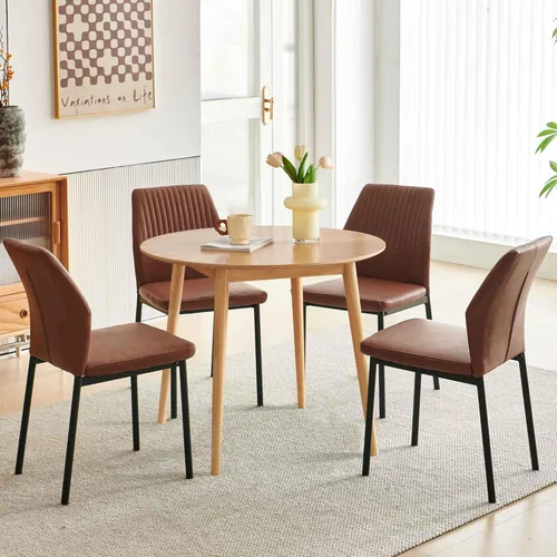 Miniatura 22 de Juego de 4 sillas de comedor de piel sintética marrón, cómodas sillas de cocina tapizadas sin brazos con patas de metal negro para sala de estar