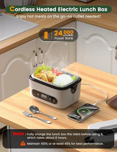 Miniatura 4 de Fiambrera eléctrica inalámbrica, 1.2 L, alimentada por batería, 100 W, 24000 mAh, recargable, portátil, calentador de alimentos autocalentable
