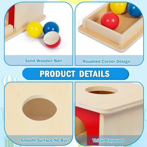 Miniatura 4 de Adena Montessori Juguete de madera para bebés de 6 a 12 meses, 3 bolas, caja de permanencia de objetos con puerta roja, juguete educativo colorido