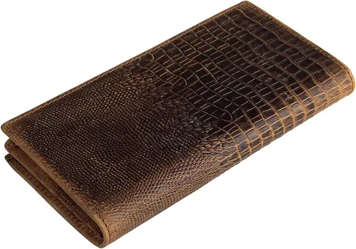 Miniatura 2 de Cartera larga para hombre, doble pliegue, piel de vaca de grano superior, estampado de cocodrilo, múltiples ranuras para tarjetas., Marrón, Vogue