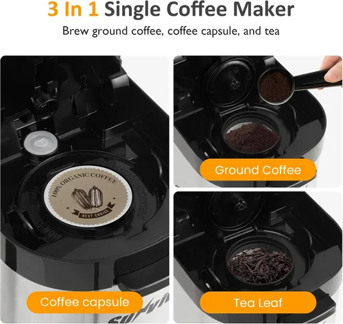 Miniatura 6 de SUNVIVI Cafetera helada y caliente: cafetera de una sola porción con 3 opciones de preparación para cápsulas K, café molido y té, depósito de agua