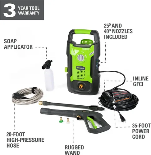 Miniatura 3 de Greenworks GPW1501 1500 PSI 1.2 GPM Lavadora a presión (vertical de mano) con boquilla turbo
