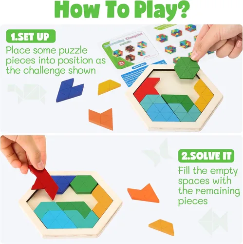 Miniatura 6 de Yunsailing Paquete de 3 rompecabezas grandes de madera hexagonal Tangram rompecabezas de madera rusa para adultos desafío teasers geométrico, lógica
