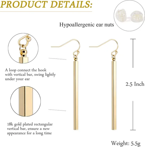 Miniatura 3 de Aretes largos de oro de 18 quilates con barra vertical, aretes de barra circular, joyería geométrica para mujeres y niñas