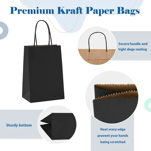 Miniatura 5 de GSSUSA Paquete de 200 bolsas de regalo de papel negro de 5.25 x 3.75 x 8 pulgadas, bolsas de papel kraft negras con asas a granel para compras
