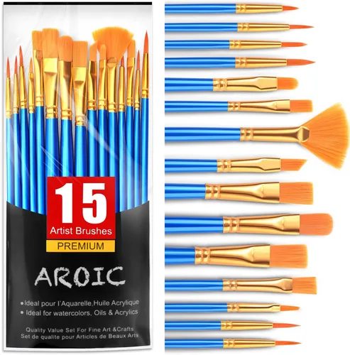 AROIC Juego de pinceles de pintura acrílica, 15 pinceles de pelo de nailon para todo tipo de uso, óleo, acuarela, pintura de cara, cuerpo, roca,